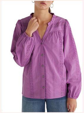 Bohemian Button-Down Shirt with Crochet Trim Long Sleeve Dressy Casual Work Top